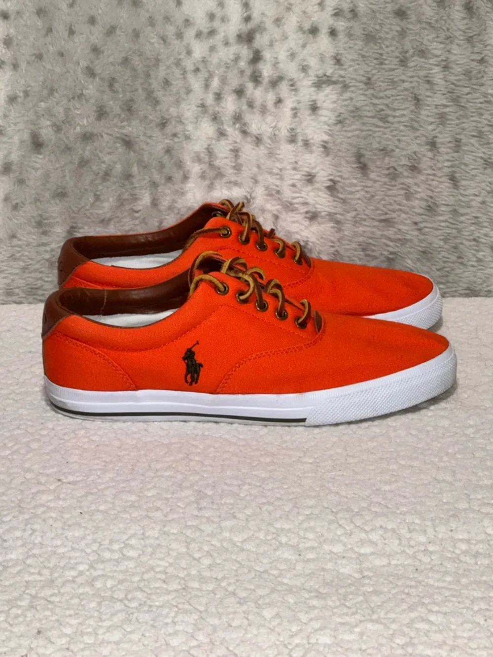 Polo by Ralph Lauren Vaughn Orange Canvas Sneakers with Brown Trim Men Sz 10.5D